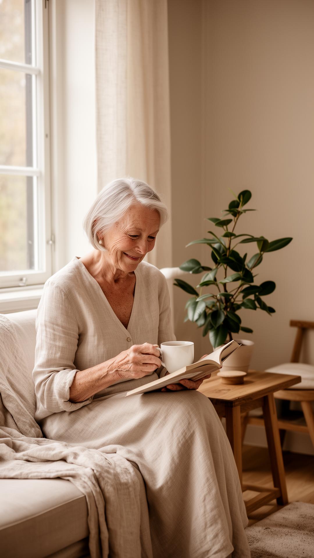 Senior kvinna som dricker te hemma i ett ljust skandinaviskt vardagsrum